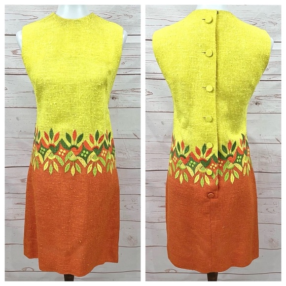 Vintage Retro Mid Century MCM Mod Embroidered Flower Shift Dress - Picture 1 of 15